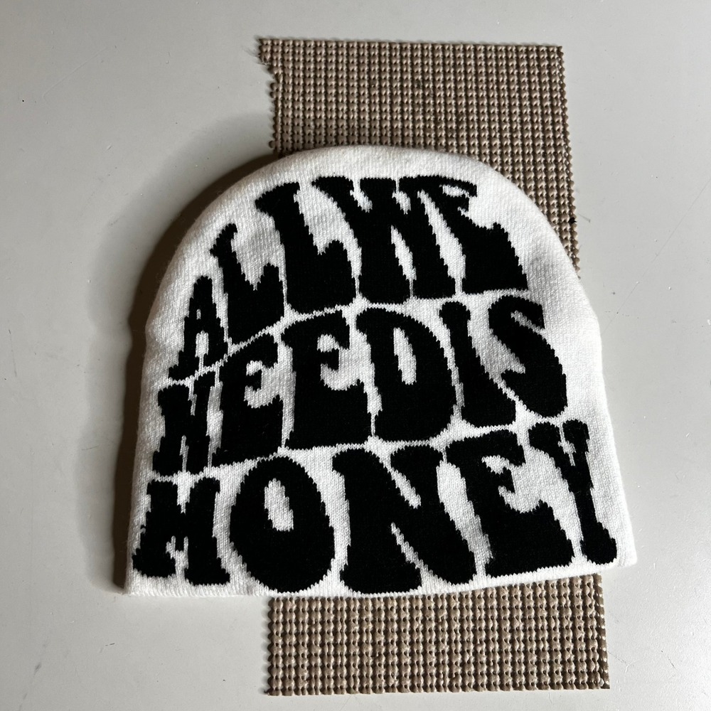 All We Need Is Money Graphic Knit Beanie White Black Streetwear Hat
